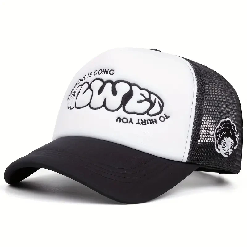 A little girl with a crying face, a sponge embroidered baseball cap, a men's and women's outdoor mesh baseball cap for casual