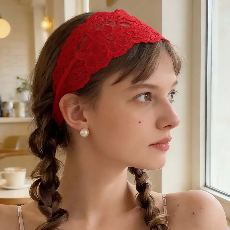 Sweet Wide Lace Hair Band Girls Hollow Lace Elastic Headwrap Hair Accessories Women Fashion Hollow Wide Headwear Hair Hoop