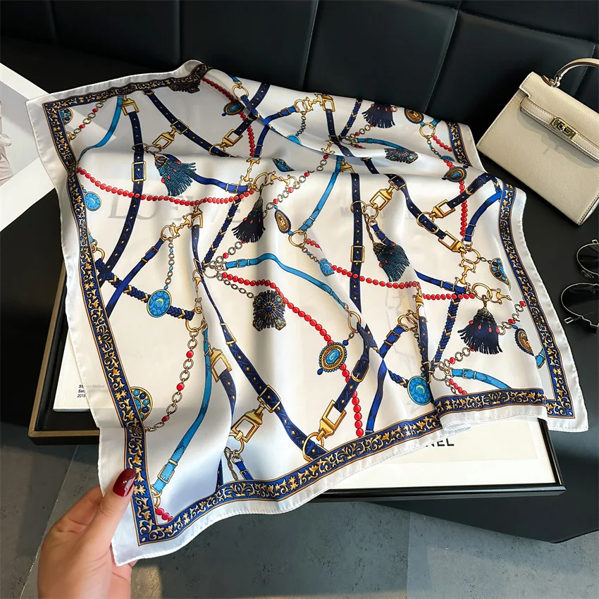 Luxury Chain Print Small Square Scarf Simulated Silk Thin Neck Scarf Fashion Sunscreen Headscarf For Women 70x70cm