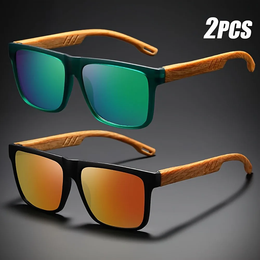 1/2pcs New Square Casual Sunglasses Wood Grain Spring Hinges UV400 Protection Unisex Outdoor Daily Eyewear