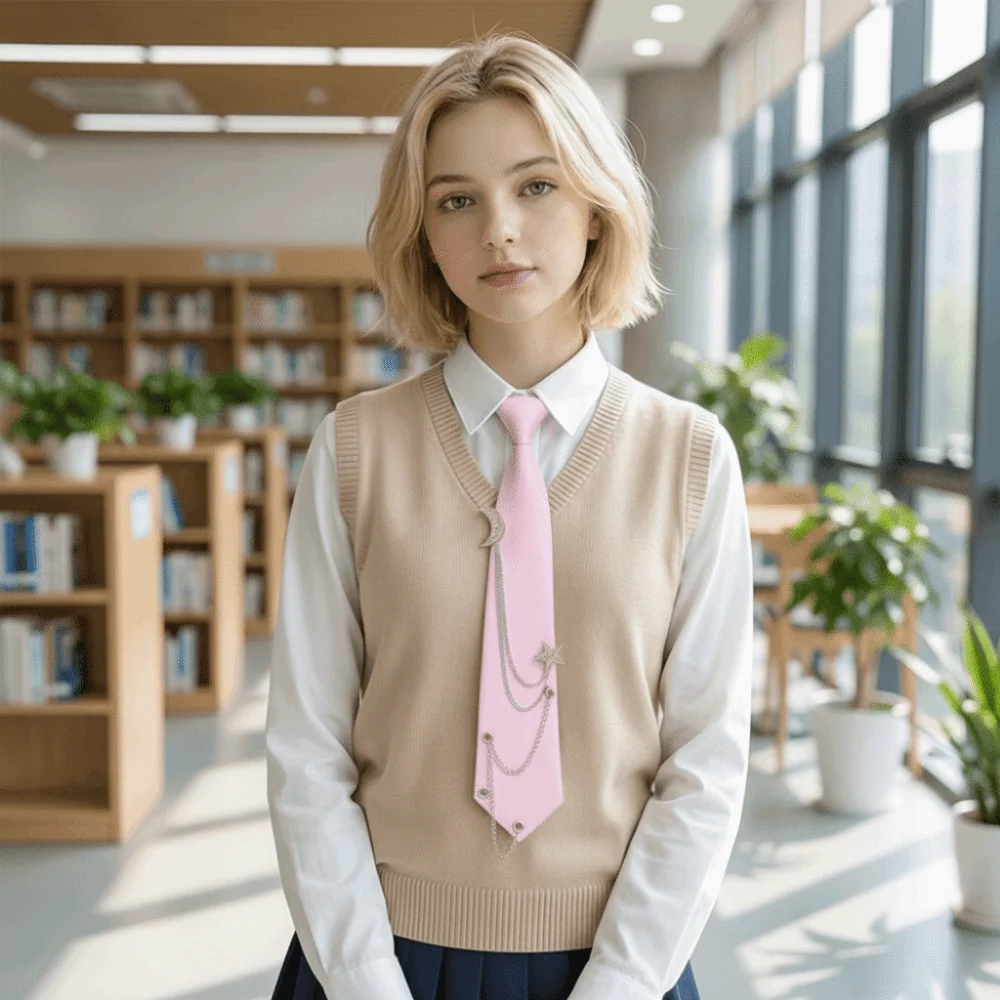 Punk Vintage Style Pre Tied Necktie Star Chain Vintage JK Uniform Tie Adjustable Student Uniform Tie for Men Women