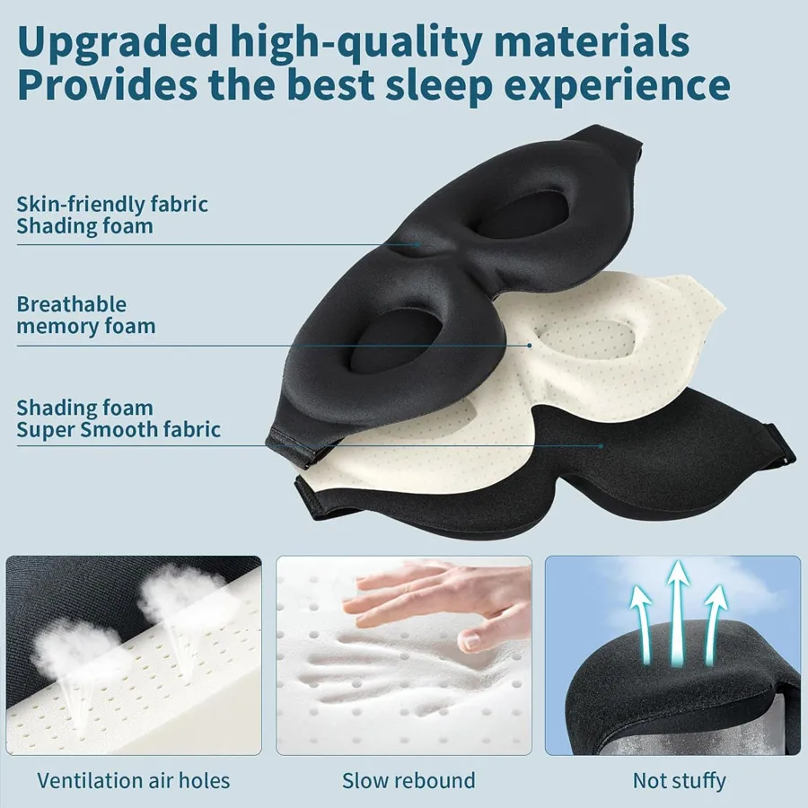 Unisex 3D Contoured Sleep Mask, Groove Molded Design Memory Foam Light Blocking Eyemask, Soft Comfortable for Travel Yoga Nap
