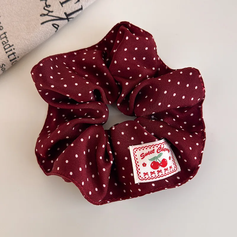Retro Red Polka Dot Plaid Fabric Label Wide Hair Tie for Women Niche High-End Bun Hair Accessory