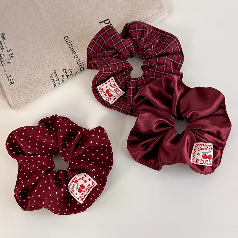 Retro Red Polka Dot Plaid Fabric Label Wide Hair Tie for Women Niche High-End Bun Hair Accessory