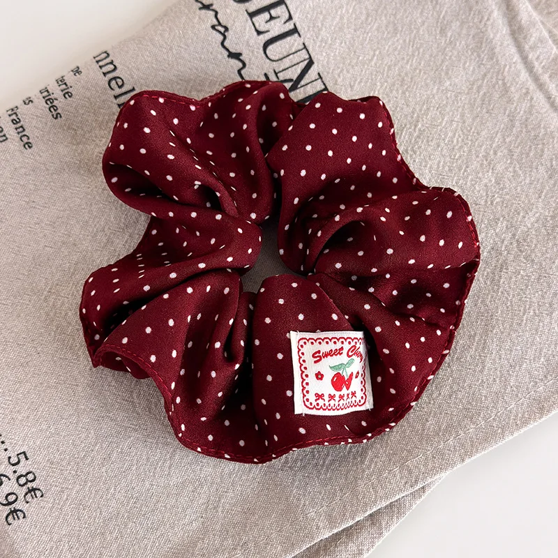 Retro Red Polka Dot Plaid Fabric Label Wide Hair Tie for Women Niche High-End Bun Hair Accessory