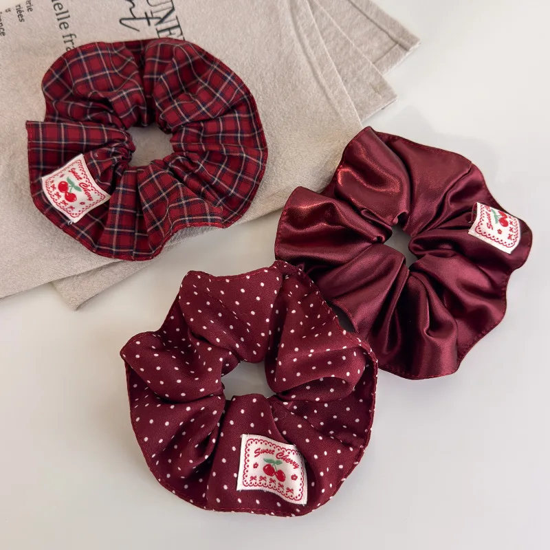 Retro Red Polka Dot Plaid Fabric Label Wide Hair Tie for Women Niche High-End Bun Hair Accessory