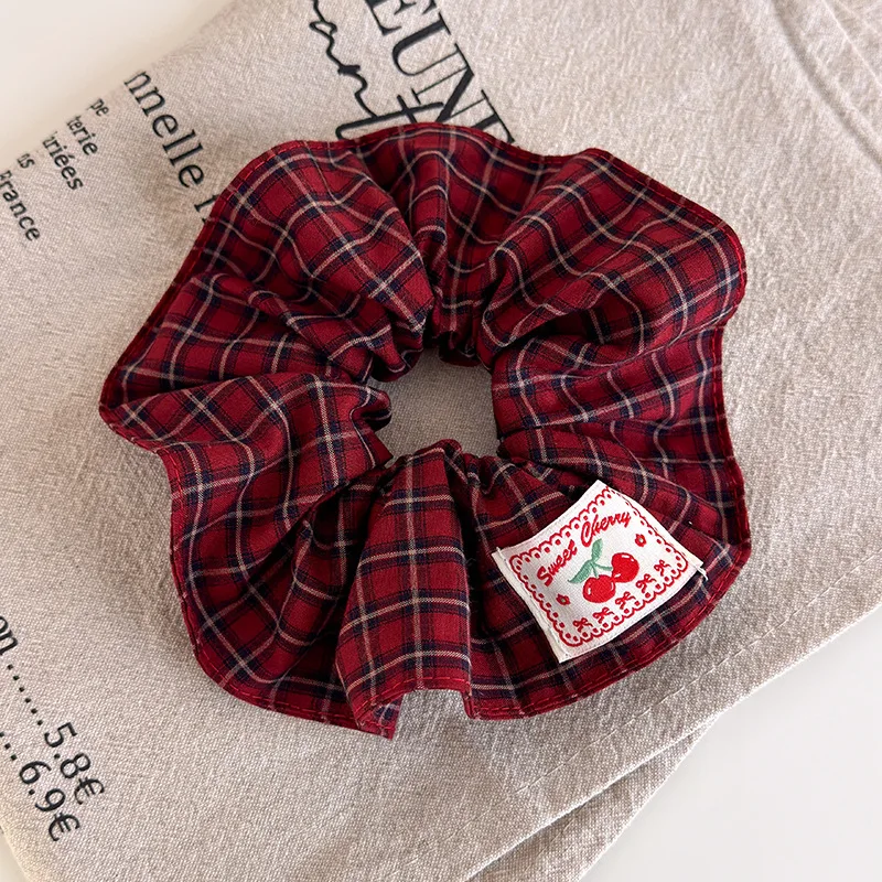 Retro Red Polka Dot Plaid Fabric Label Wide Hair Tie for Women Niche High-End Bun Hair Accessory