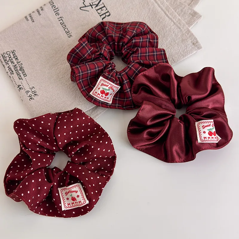 Retro Red Polka Dot Plaid Fabric Label Wide Hair Tie for Women Niche High-End Bun Hair Accessory