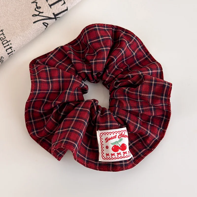 Retro Red Polka Dot Plaid Fabric Label Wide Hair Tie for Women Niche High-End Bun Hair Accessory