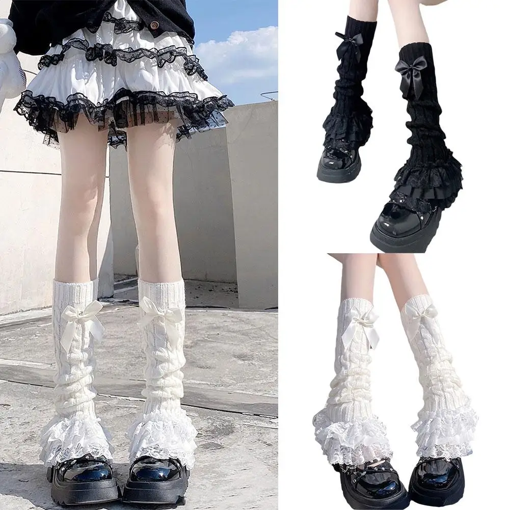 Cute Lace Flared Knitted Long Legs Warmers Harajuku Lolita Socks White Foot Cover Kawai Jk Calf Gaiters Sweet Legwarmers