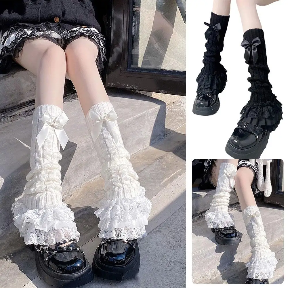 Cute Lace Flared Knitted Long Legs Warmers Harajuku Lolita Socks White Foot Cover Kawai Jk Calf Gaiters Sweet Legwarmers