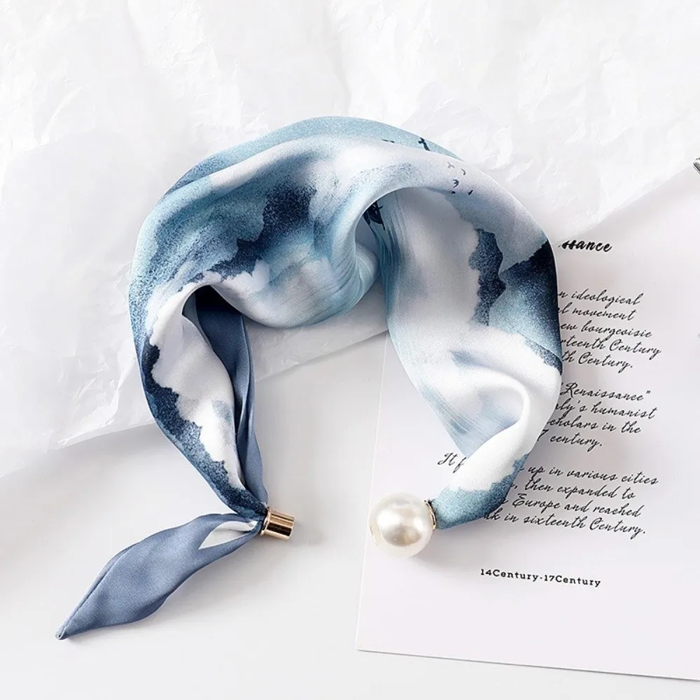 New Pearl Buckle Silk Scarf Thin Printed Neck Scarf Lightweight Soft Neckerchief Women