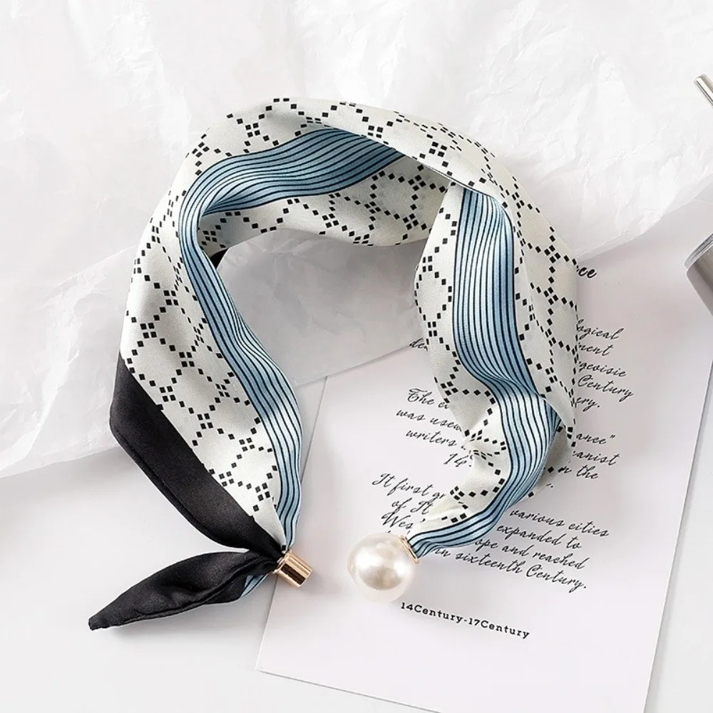 New Pearl Buckle Silk Scarf Thin Printed Neck Scarf Lightweight Soft Neckerchief Women