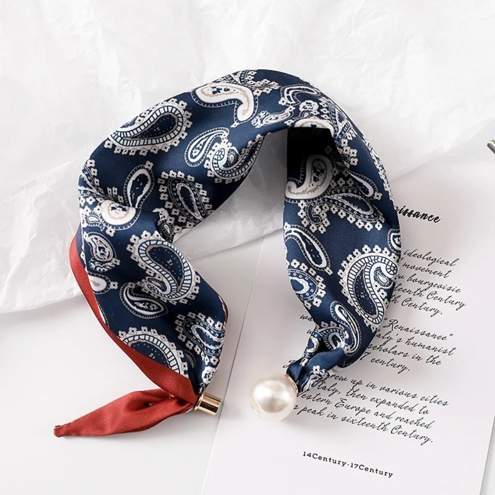 New Pearl Buckle Silk Scarf Thin Printed Neck Scarf Lightweight Soft Neckerchief Women