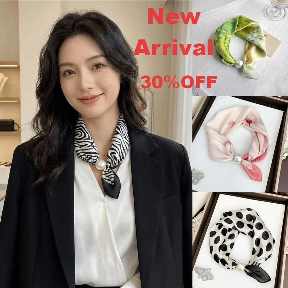 New Pearl Buckle Silk Scarf Thin Printed Neck Scarf Lightweight Soft Neckerchief Women