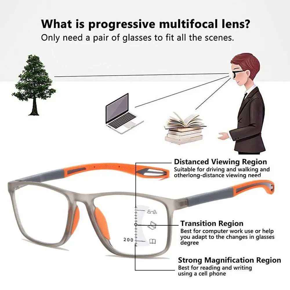 Soft Multifocal Progressive Reading Glasses TR90 Anti Blue Light Near Far Eyewear Men Women's Large Frame Farsight Eyeglasses 