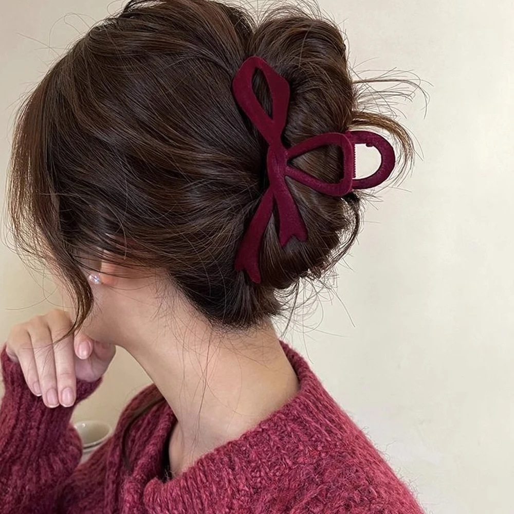 Elegant Velvet Bowknot Shaped Hair Claw Non-Slip Acrylic Shark Hair Grab For Women Girls Thick Curly Long Hair Daily Headwear