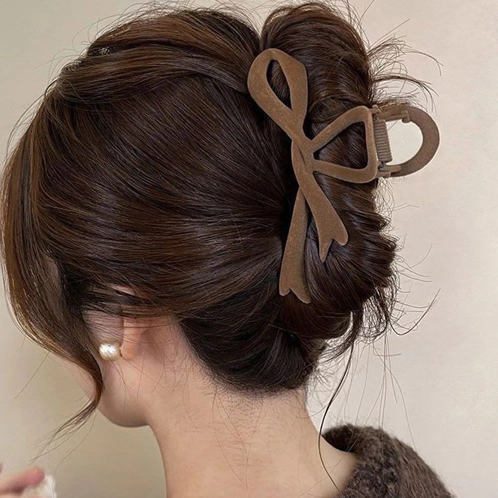 Elegant Velvet Bowknot Shaped Hair Claw Non-Slip Acrylic Shark Hair Grab For Women Girls Thick Curly Long Hair Daily Headwear