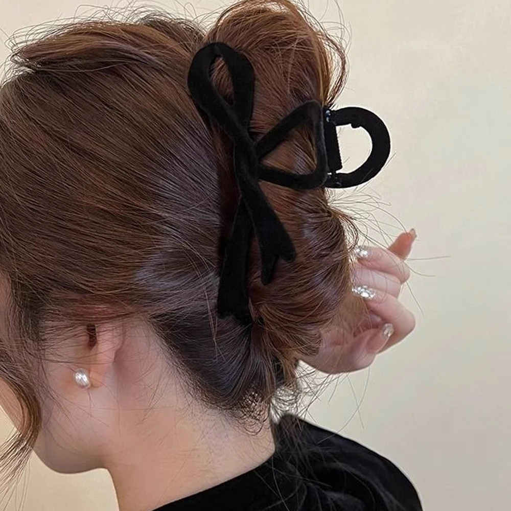 Elegant Velvet Bowknot Shaped Hair Claw Non-Slip Acrylic Shark Hair Grab For Women Girls Thick Curly Long Hair Daily Headwear