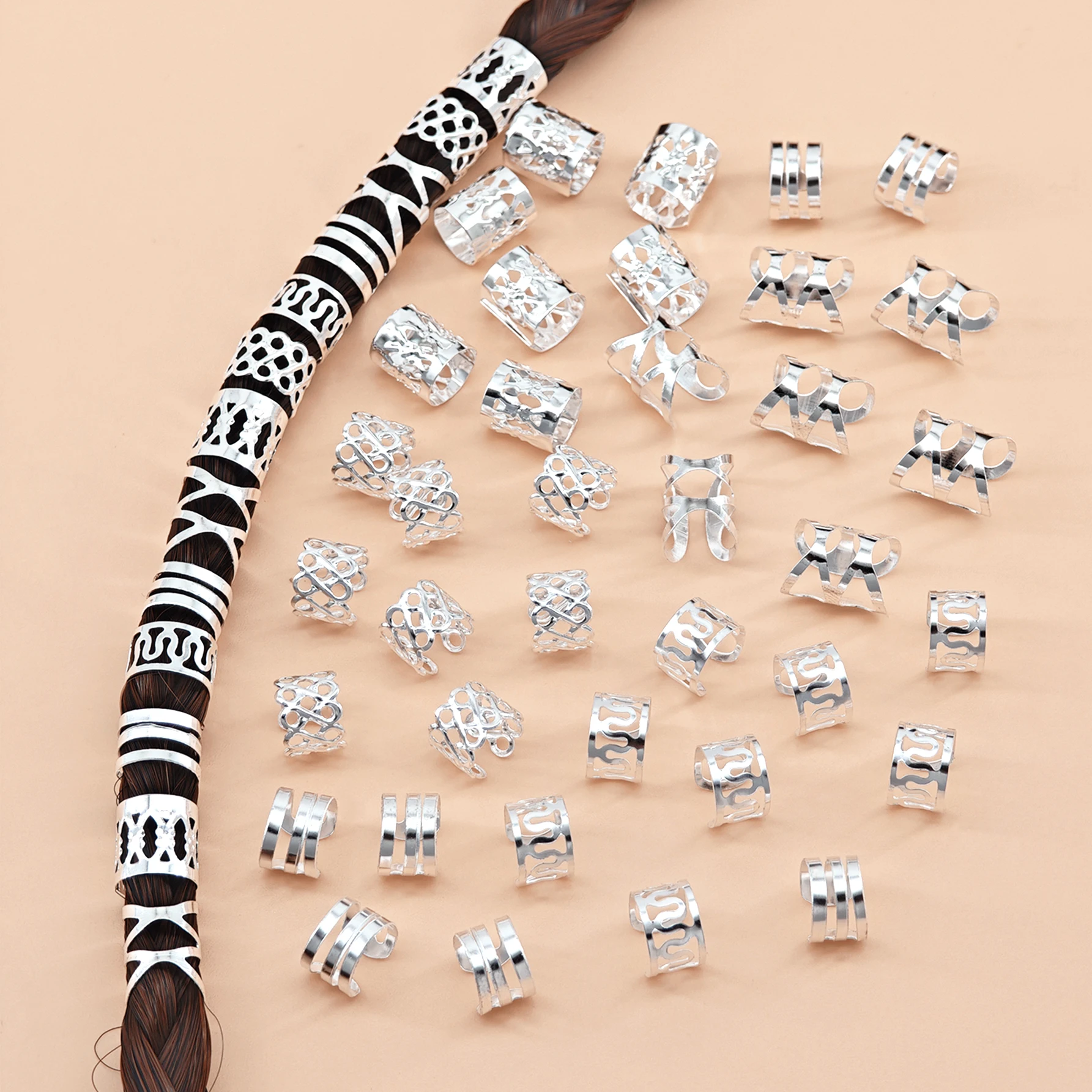 50pcs Alloy Braiding Mixed Set, Metal hair Rings Cuffs Clips for Dreadlock Accessory Jewelry Decorations(Without box)