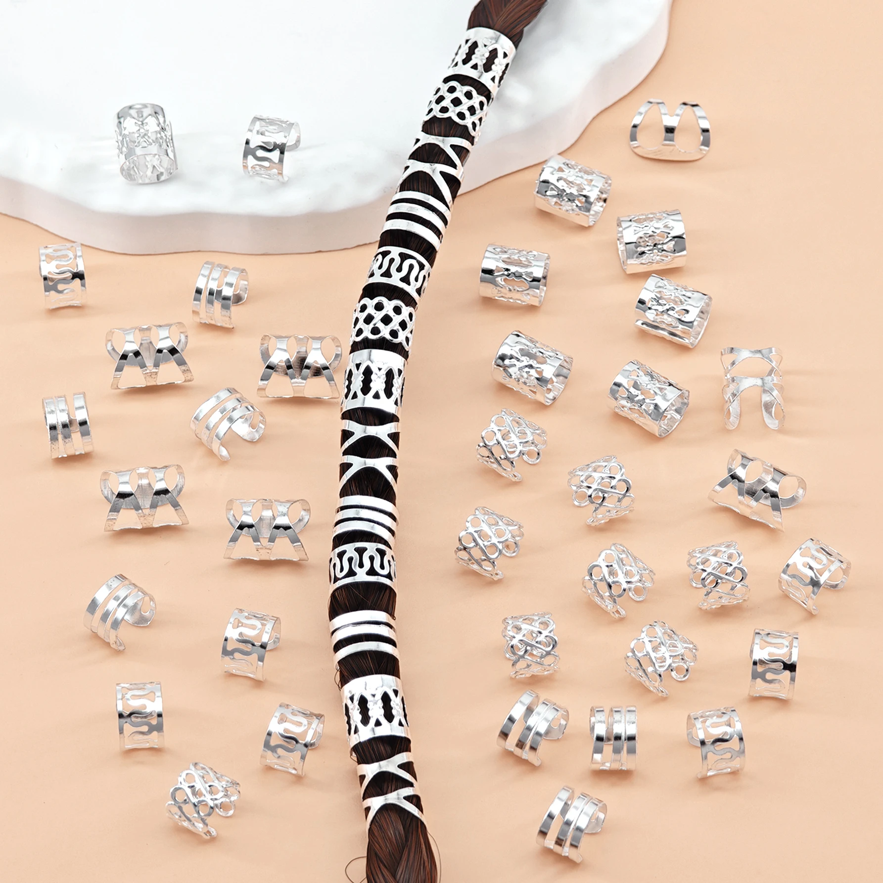 50pcs Alloy Braiding Mixed Set, Metal hair Rings Cuffs Clips for Dreadlock Accessory Jewelry Decorations(Without box)