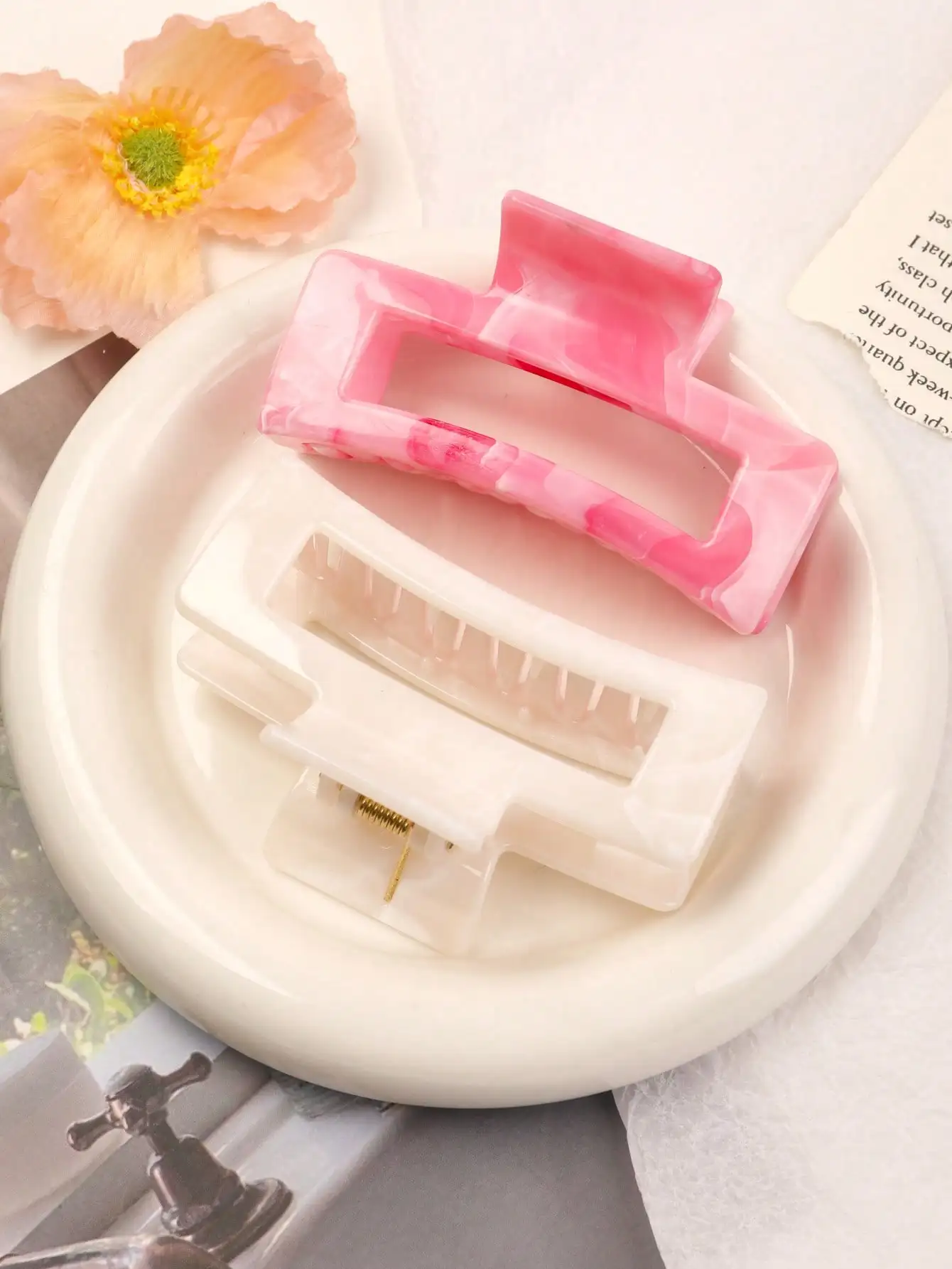 2 Pcs Large Marble Hair Claw Clips for Women Thick Hair White Banana Hair Clips Ripple Jaw Clips Strong Hold Hair Accessories