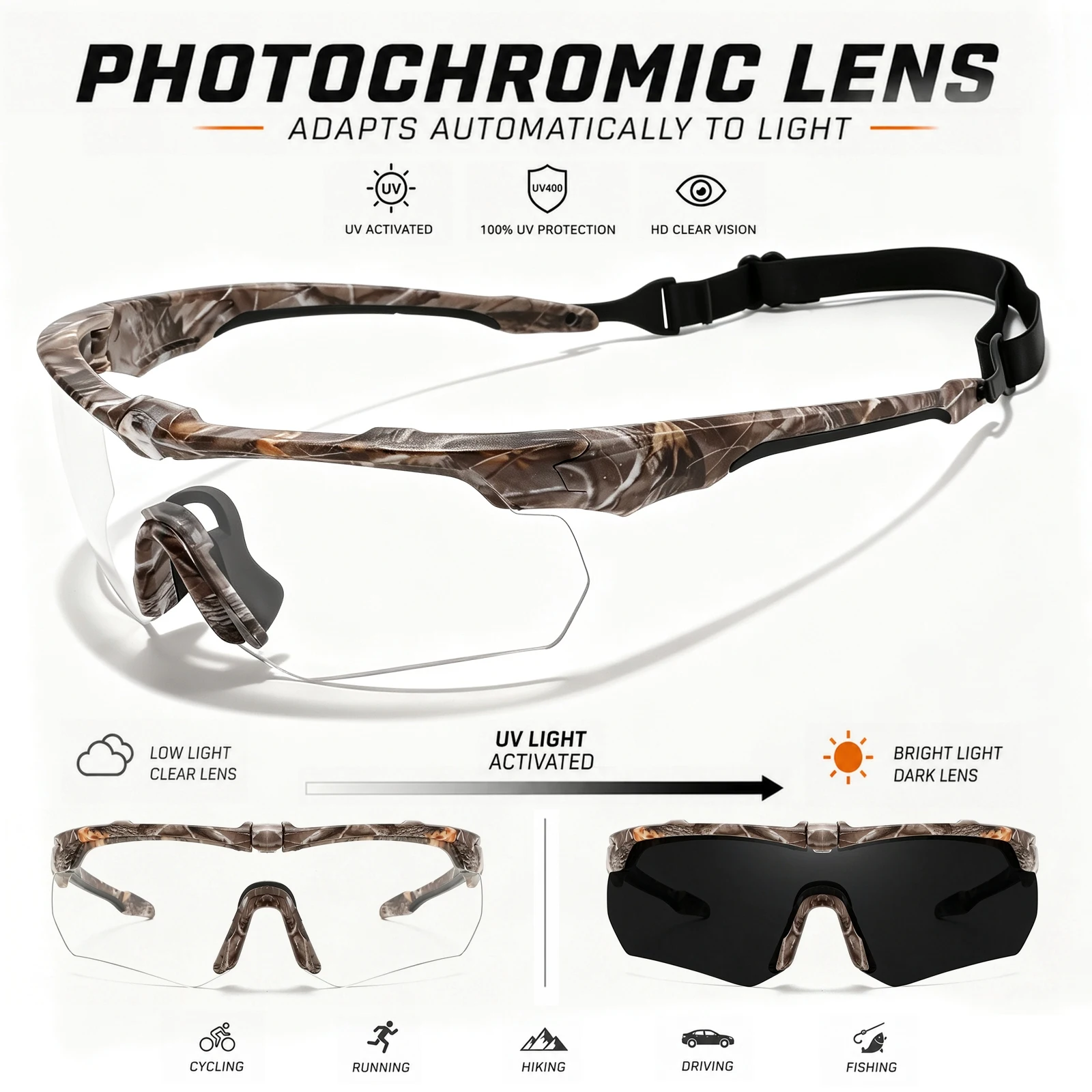 Wrap-around Photochromic Sports Protective Glasses, Comfort Eyewear for Daily Use, Motorcycle Cycling, Hunting and Outdoor Sport