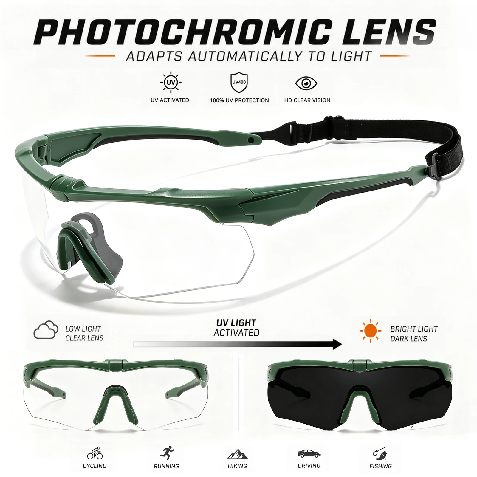 Wrap-around Photochromic Sports Protective Glasses, Comfort Eyewear for Daily Use, Motorcycle Cycling, Hunting and Outdoor Sport