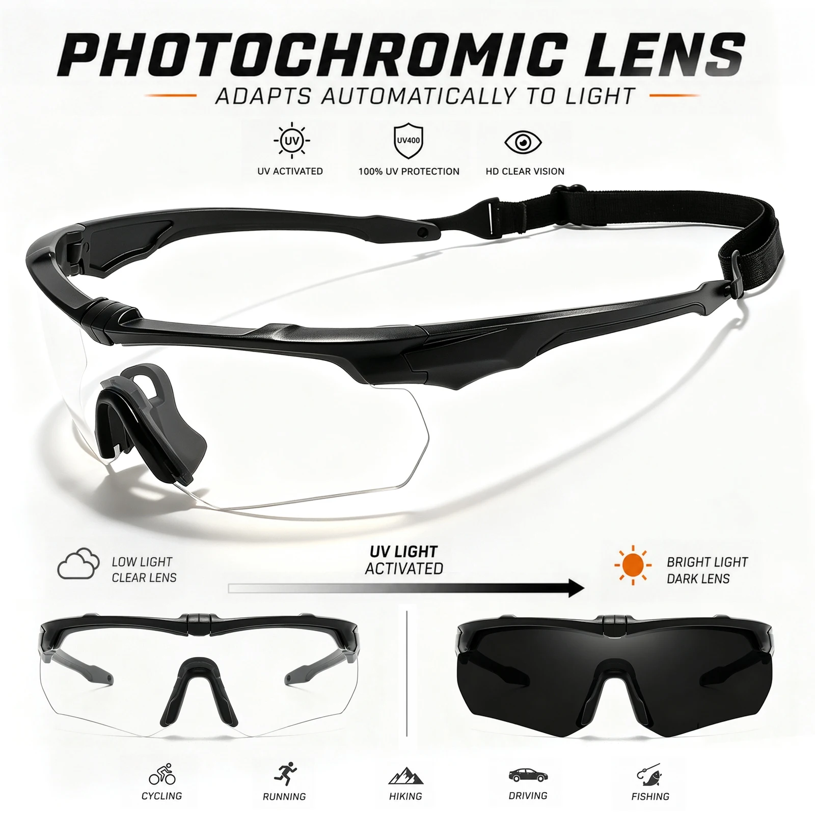 Wrap-around Photochromic Sports Protective Glasses, Comfort Eyewear for Daily Use, Motorcycle Cycling, Hunting and Outdoor Sport