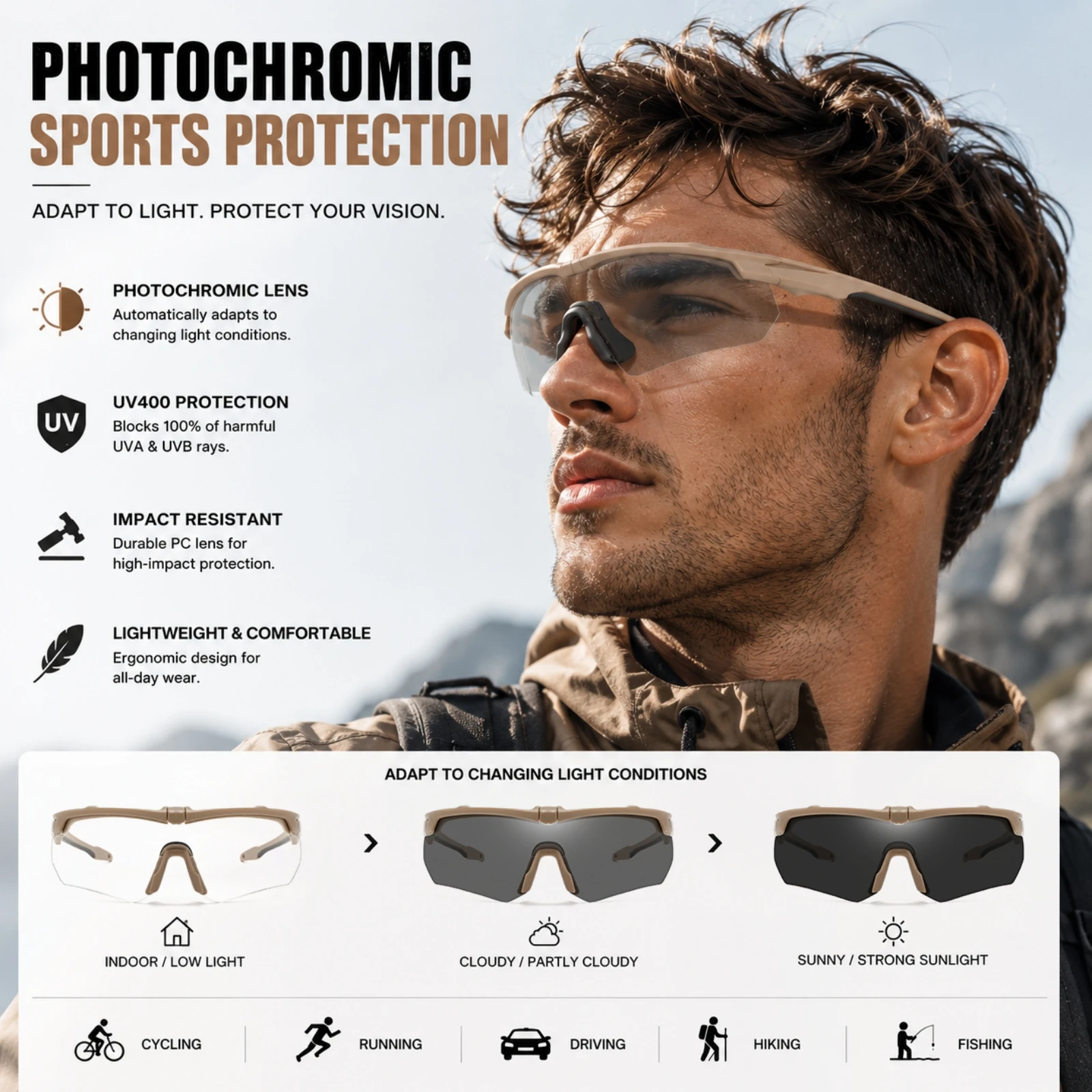 Wrap-around Photochromic Sports Protective Glasses, Comfort Eyewear for Daily Use, Motorcycle Cycling, Hunting and Outdoor Sport