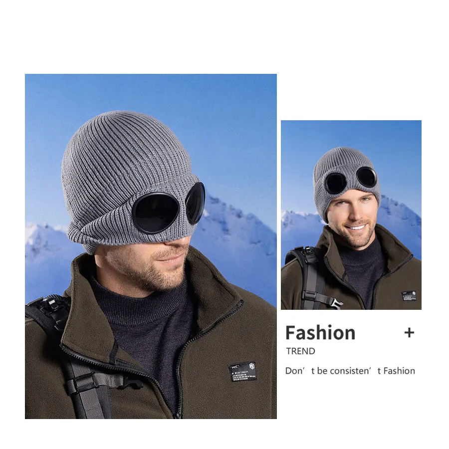 New Unisex Men Women Knitted Hat with Goggles Windproof Winter Warmer Ski Beanies Soft Warm Anti-slip Ear