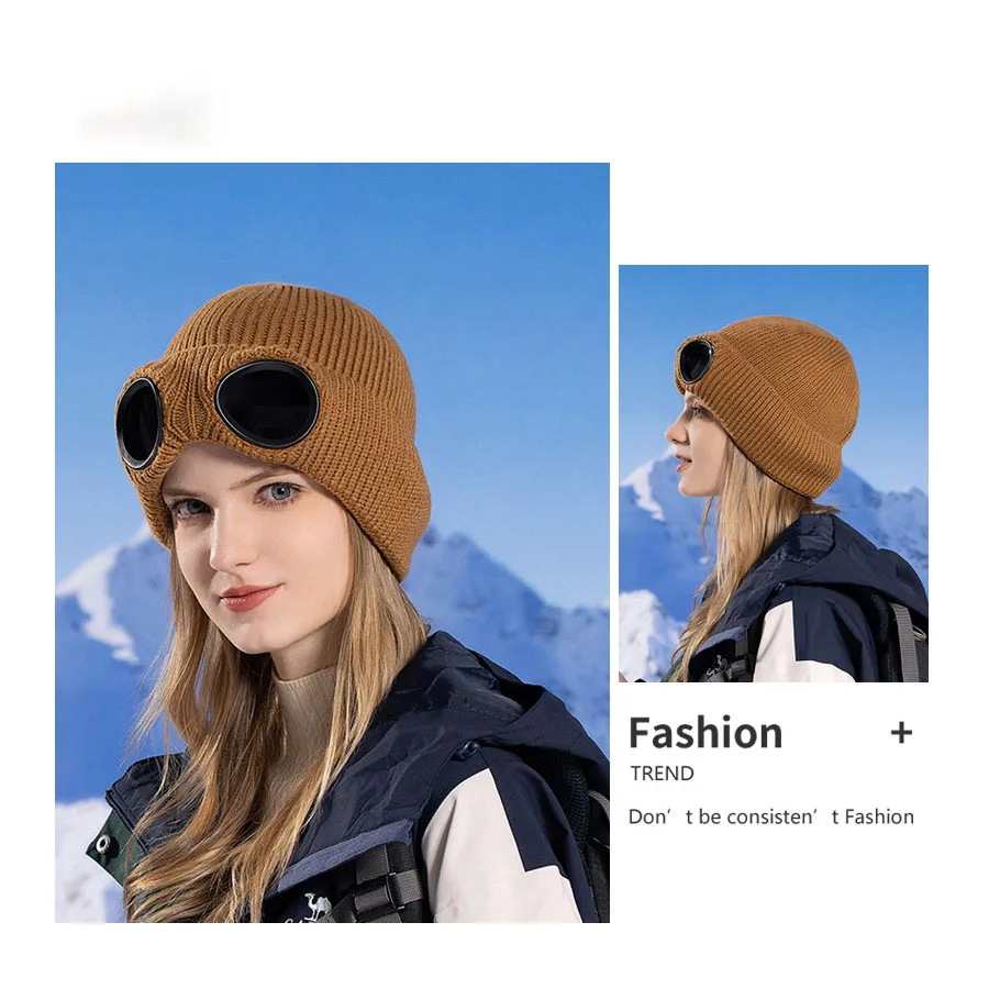 New Unisex Men Women Knitted Hat with Goggles Windproof Winter Warmer Ski Beanies Soft Warm Anti-slip Ear