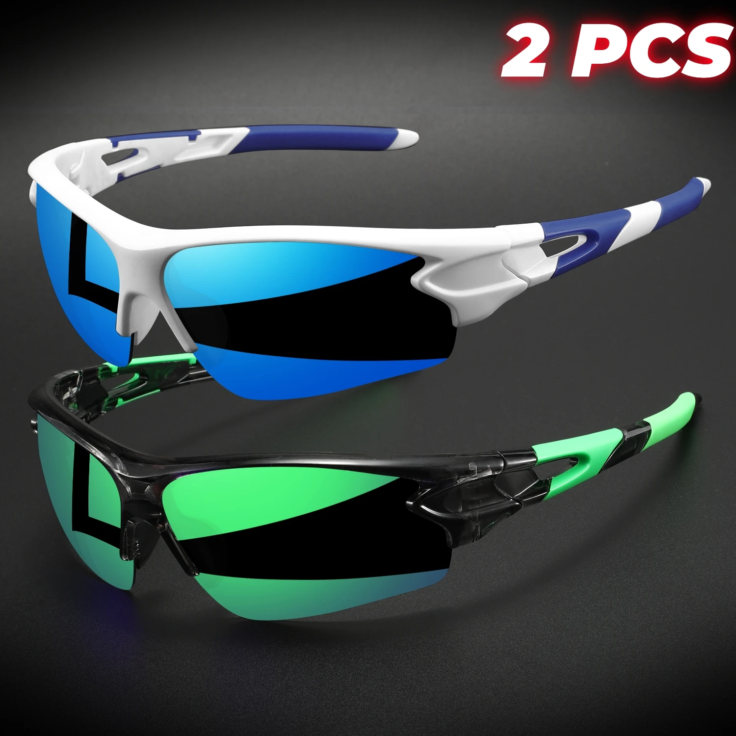 2PCS New Wraparound Sports Sunglasses Semi-Rimless Lightweight for Cycling Hiking Daily Unisex UV400 Anti-Fog Outdoor Eyewear