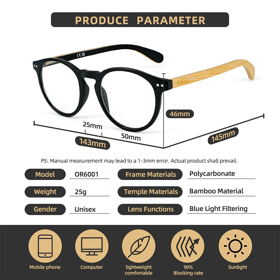 Bamboo Wood Reading Glasses for Men and Women Retro Round Anti Blue Light Presbyopia Glasses 0 +100 +150 +250