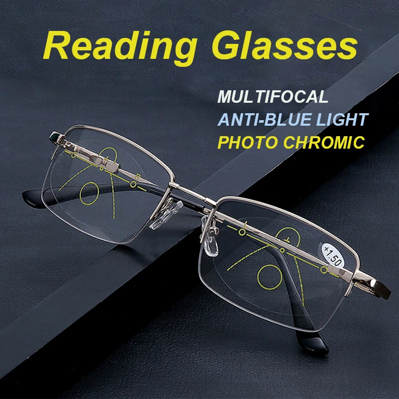 Titanium Progressive Multifocus Reading Glasses Blue Light Blocking Anti-fatigue Metal frame Multifocal Readers Eyeglasses