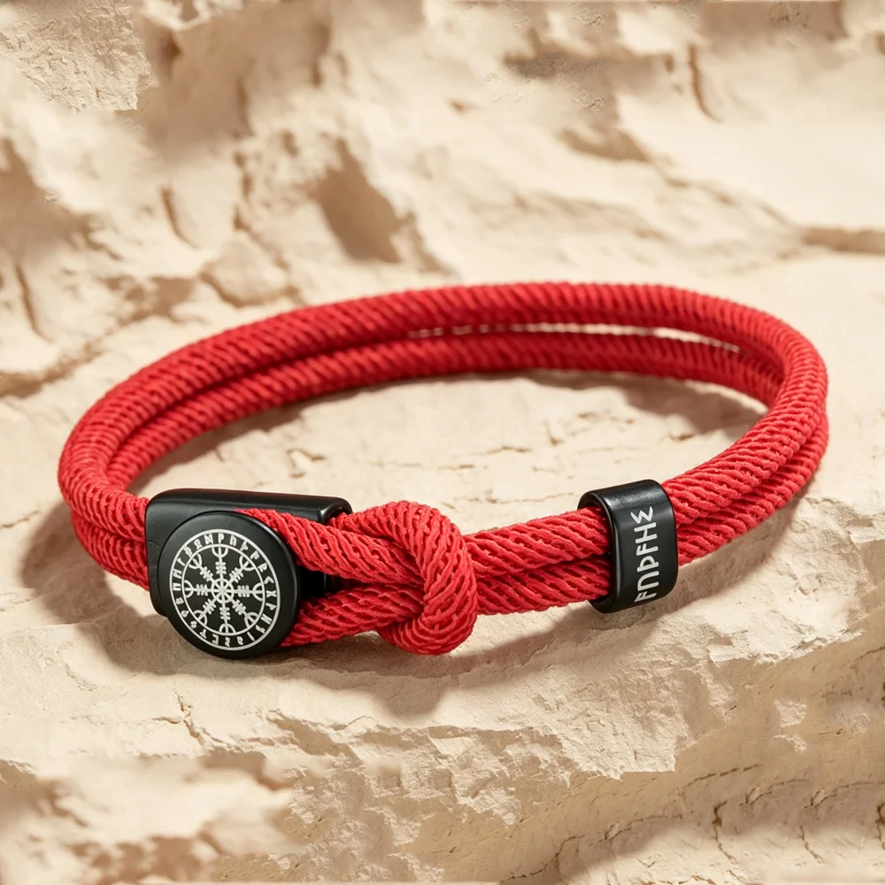 Viking Rune Amulet Rope Bracelet for Men Women Handmade Braided Adjustable Rope Bracelets Black Red Jewelry