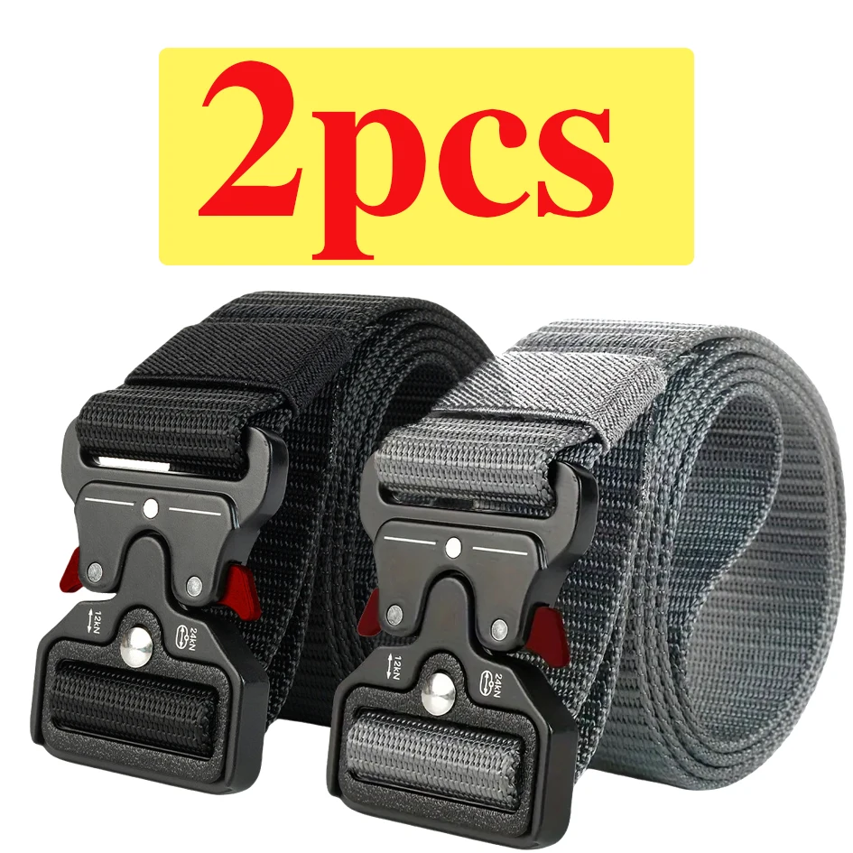2-Pack Men's Tactical Belt, Outdoor Sports Training Quick Release Symmetrical Buckle Belt, Unisex Multi-Functional Durable Belt