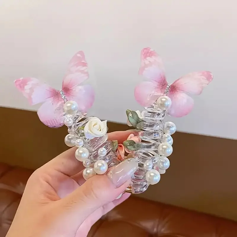 2Pcs Mesh Butterfly Headband for Girls Cute Round Pearl & Floral Design Perfect for Daily & Party Wear Headwear Hair Accessories