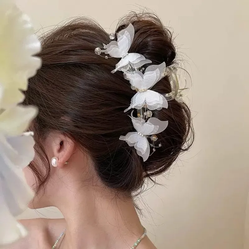 Light Blue/Pink Sheer Butterfly Claw Clip | Pearl Rhinestone Fairycore Hair Grabber | Elegant Romantic Hair Accessory