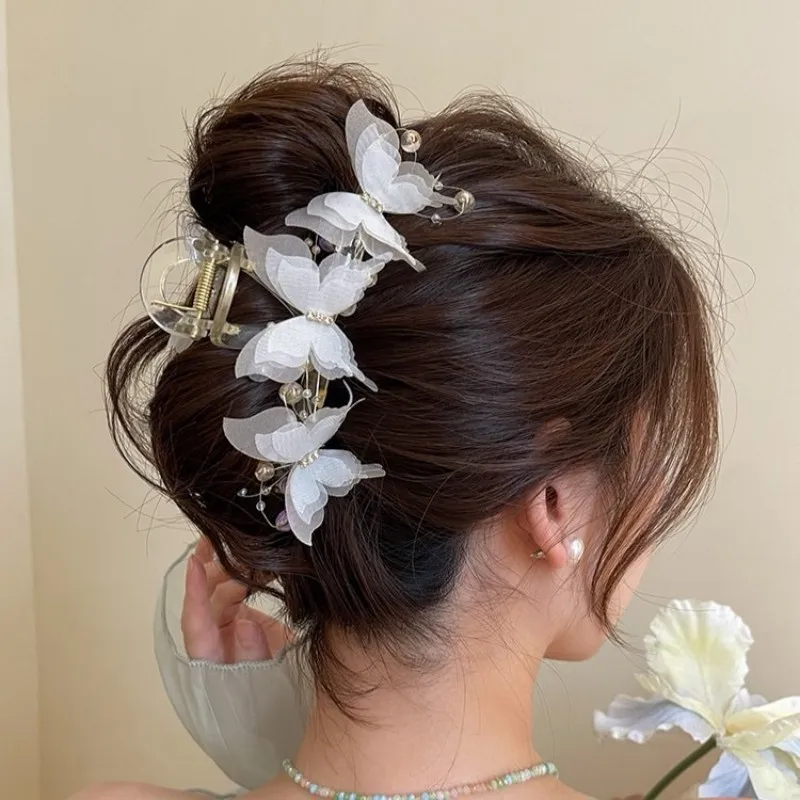 Light Blue/Pink Sheer Butterfly Claw Clip | Pearl Rhinestone Fairycore Hair Grabber | Elegant Romantic Hair Accessory