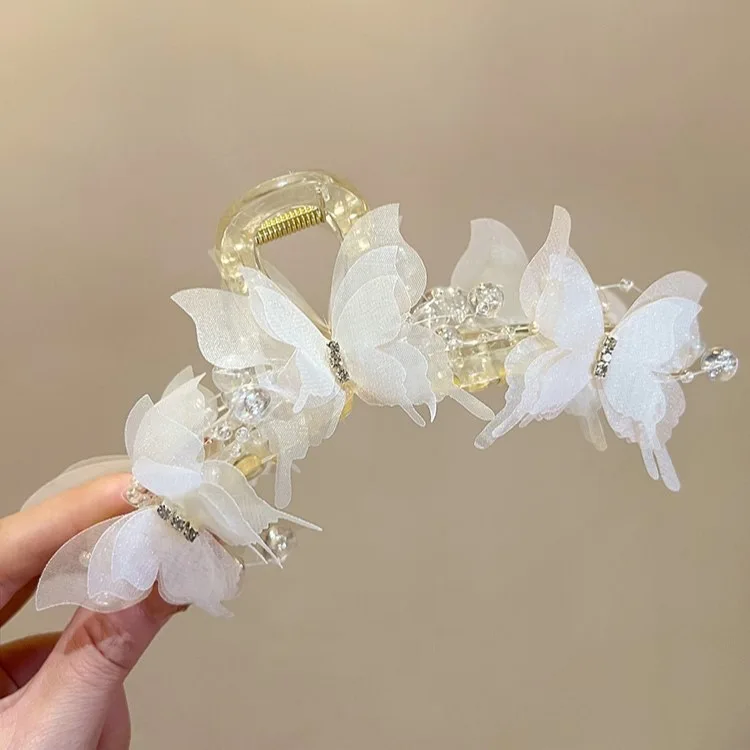 Light Blue/Pink Sheer Butterfly Claw Clip | Pearl Rhinestone Fairycore Hair Grabber | Elegant Romantic Hair Accessory