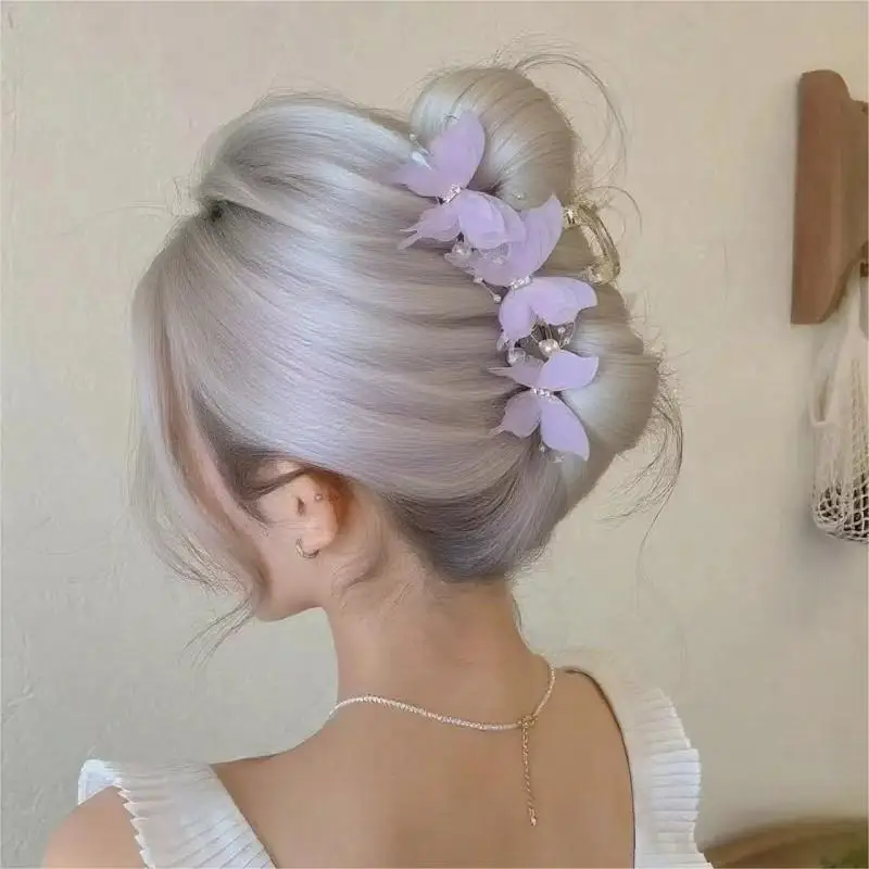Light Blue/Pink Sheer Butterfly Claw Clip | Pearl Rhinestone Fairycore Hair Grabber | Elegant Romantic Hair Accessory