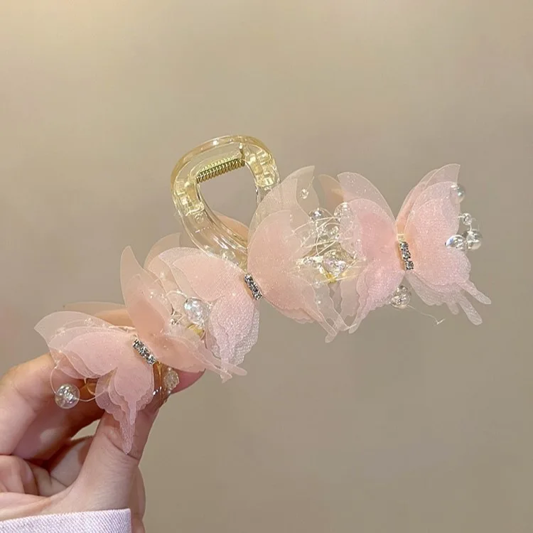 Light Blue/Pink Sheer Butterfly Claw Clip | Pearl Rhinestone Fairycore Hair Grabber | Elegant Romantic Hair Accessory