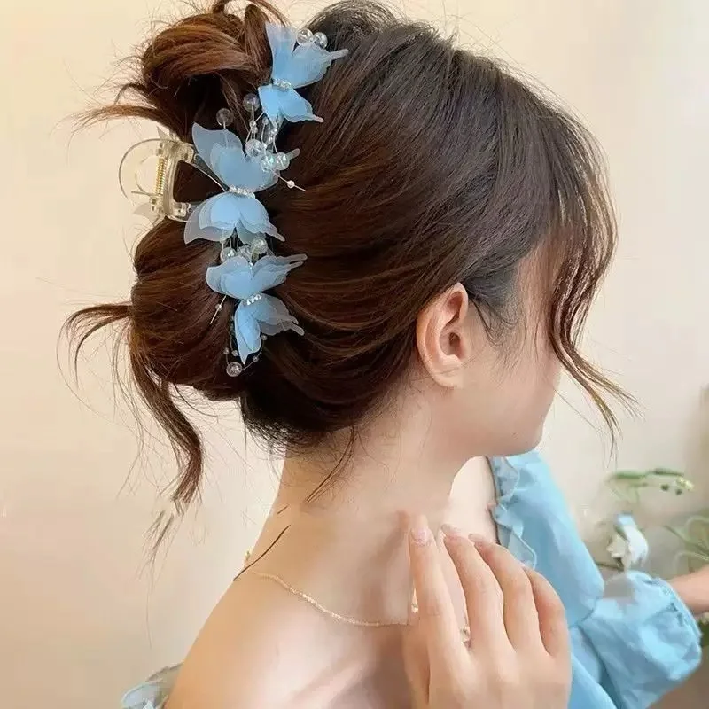 Light Blue/Pink Sheer Butterfly Claw Clip | Pearl Rhinestone Fairycore Hair Grabber | Elegant Romantic Hair Accessory