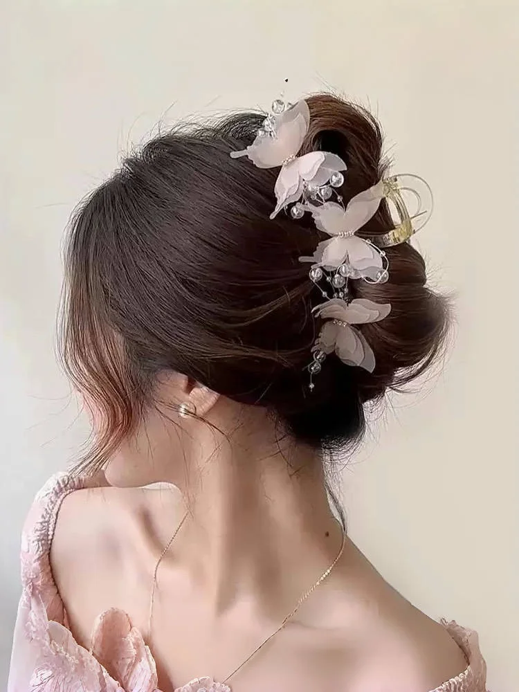 Light Blue/Pink Sheer Butterfly Claw Clip | Pearl Rhinestone Fairycore Hair Grabber | Elegant Romantic Hair Accessory