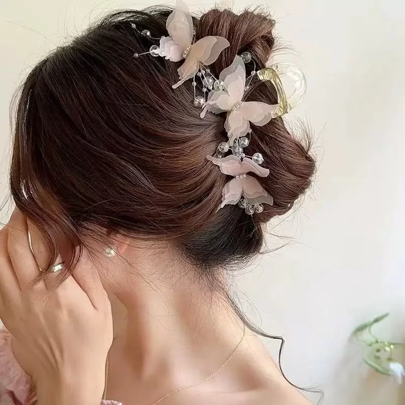 Light Blue/Pink Sheer Butterfly Claw Clip | Pearl Rhinestone Fairycore Hair Grabber | Elegant Romantic Hair Accessory