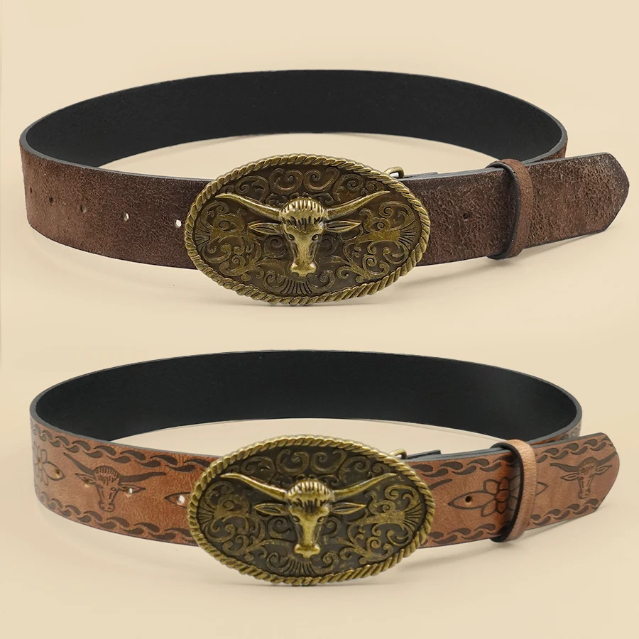 Retro Western Style Casual Belt with Antiqued Alloy Bullhead Buckle, a Versatile Accessory for Daily Commute and Dating