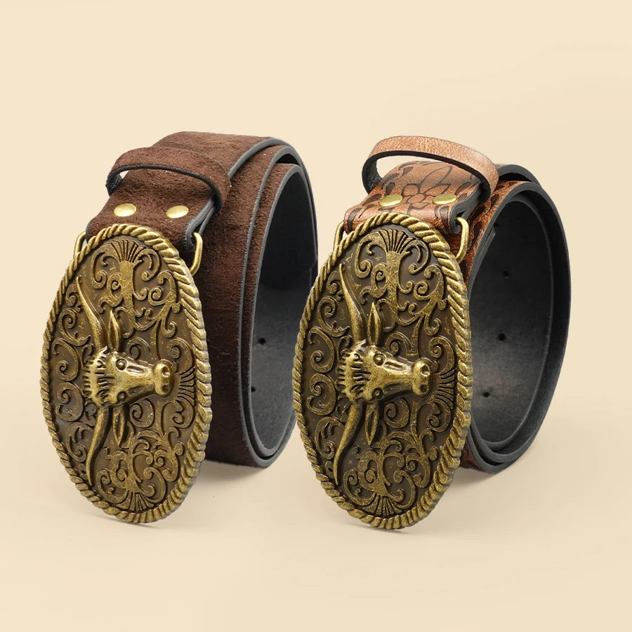 Retro Western Style Casual Belt with Antiqued Alloy Bullhead Buckle, a Versatile Accessory for Daily Commute and Dating
