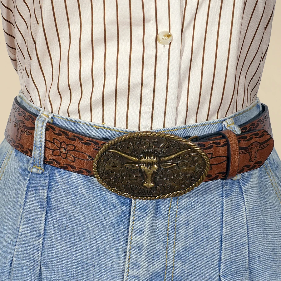 Retro Western Style Casual Belt with Antiqued Alloy Bullhead Buckle, a Versatile Accessory for Daily Commute and Dating