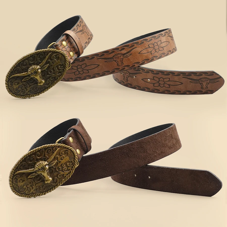 Retro Western Style Casual Belt with Antiqued Alloy Bullhead Buckle, a Versatile Accessory for Daily Commute and Dating